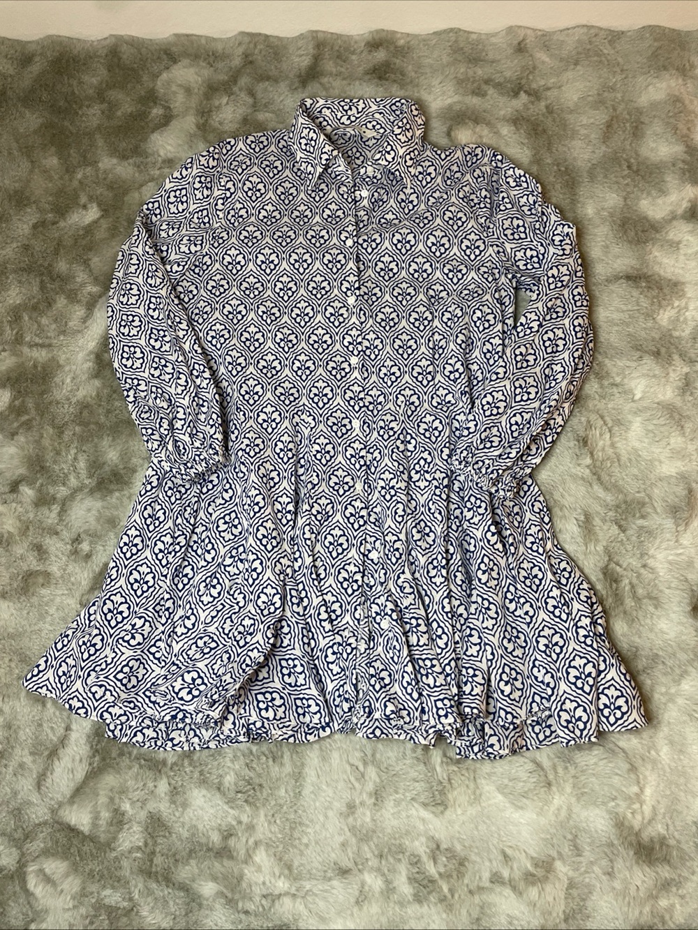 Zara Blue White Print Ruffled Hem L/S Button Front Mini Shirt Dress M-0276